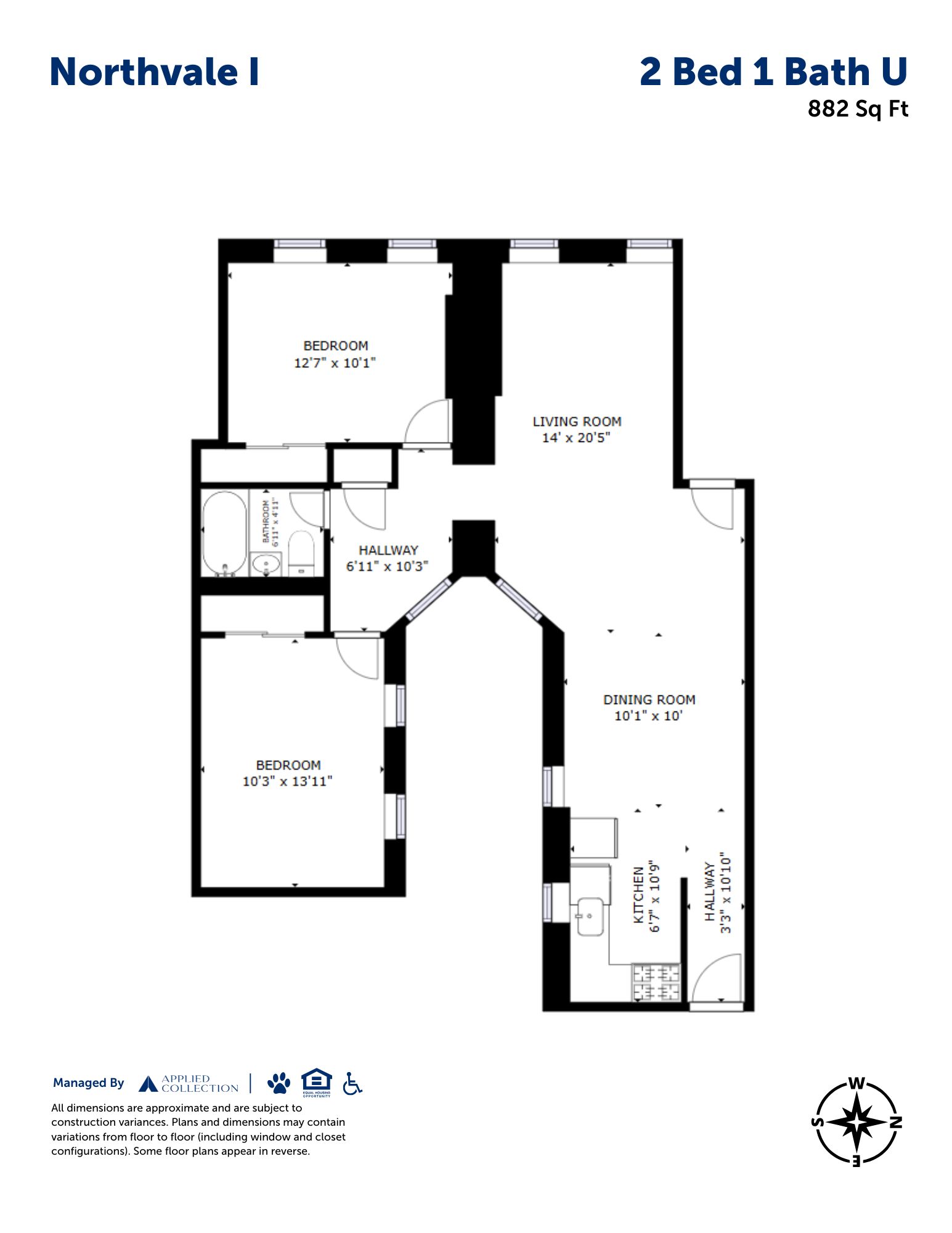 Floor plan for 2 beds, 1 bath, 882 sqft